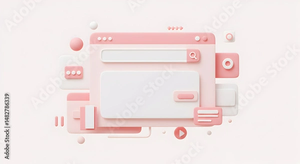 Fototapeta 3D Render of a Pastel Pink Digital Interface with Interface Elements in a Light Background