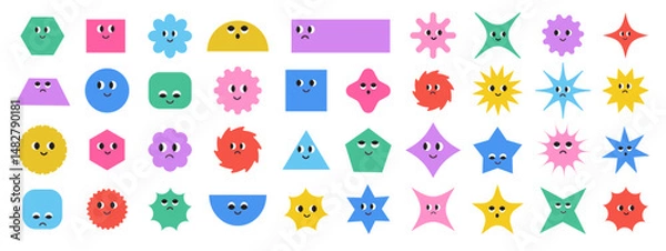 Obraz Cute colorful basic Geometric Figures with face emotions. Set of different shapes square, circle, rectangle, flower, star, rhombus, hexagon etc. Funny characters. Trendy vector illustration for kids