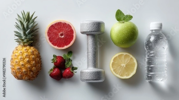 Fototapeta A collection of healthy lifestyle essentials like fruits, weights, and water, styled on a white background