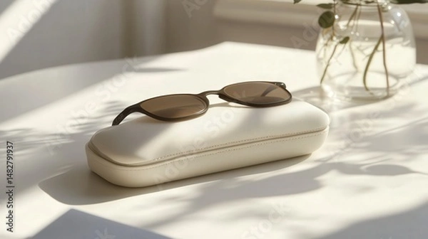 Fototapeta minimalist glasses case made from eco-friendly materials, with a slim profile and smooth finish, on a clean white surface