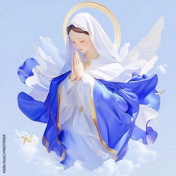 Fototapeta a serene image of Our Lady (Nossa Senhora) in a flowing blue and white robe, hands together in prayer, surrounded by soft light and clouds, peaceful heavenly atmosphere, divine presence