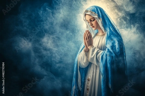Fototapeta a serene image of Our Lady (Nossa Senhora) in a flowing blue and white robe, hands together in prayer, surrounded by soft light and clouds, peaceful heavenly atmosphere, divine presence