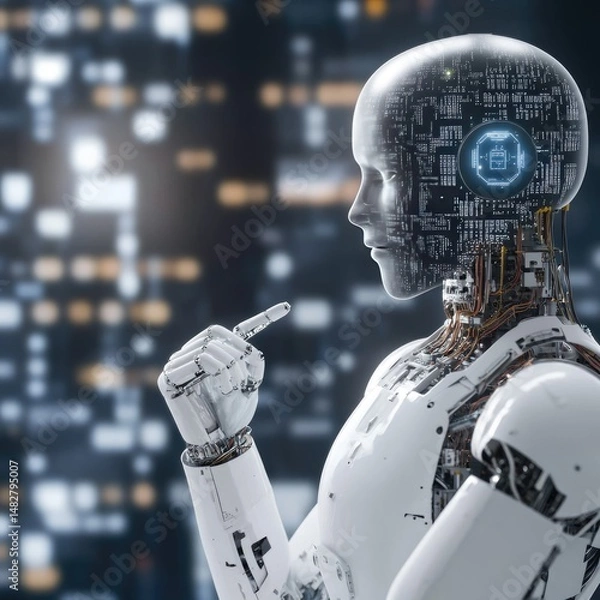 Obraz Advanced robot, pointing, futuristic cityscape background