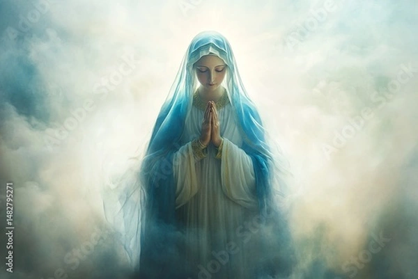 Fototapeta a serene image of Our Lady (Nossa Senhora) in a flowing blue and white robe, hands together in prayer, surrounded by soft light and clouds, peaceful heavenly atmosphere, divine presence
