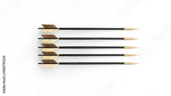 Fototapeta Five elegant arrows with golden tips arranged in a neat row on a white background.