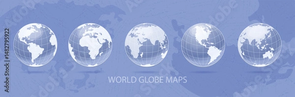 Obraz World globe maps set. Geographic banner with spherical Planet Earth with silhouettes of continents and oceans. Icons with globe. Realistic 3D vector illustration