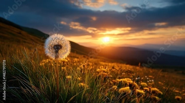 Fototapeta Blowing in the wind on grassy hill with dreamy sky concept. A beautiful sunset over a field of dandelions and wildflowers.