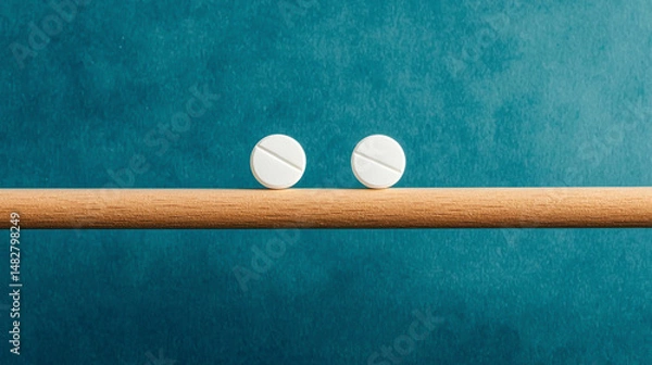 Fototapeta Two white pills on a wooden surface against a teal background, symbolizing health.