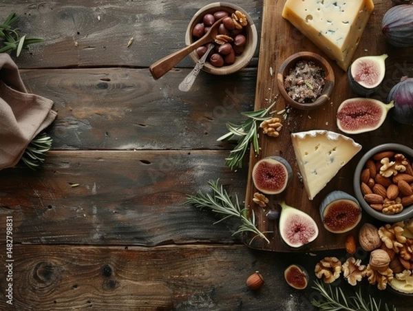 Fototapeta flat lay of rustic charcuterie board with cheeses, figs, and nuts, wooden table, minimalist style, soft natural light, earthy brown and purple tones, top-down view with negative space in upper half