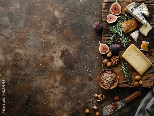 Fototapeta flat lay of rustic charcuterie board with cheeses, figs, and nuts, wooden table, minimalist style, soft natural light, earthy brown and purple tones, top-down view with negative space in upper half,