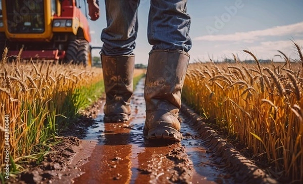Fototapeta Man is walking through a field with a tractor behind him. The field is covered in mud and the man's boots are covered in it