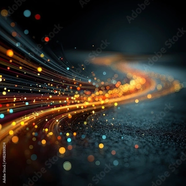 Fototapeta Abstract digital flow of energy and light trails across a dark surface.  Dynamic lines of vibrant color and glowing particles create a sense of movement and technology