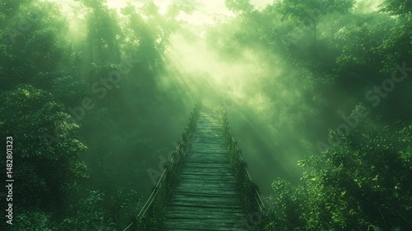 Fototapeta Misty forest path.  Wooden bridge through lush greenery