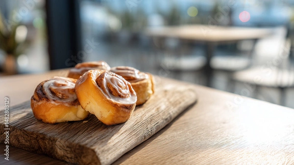 Obraz 明るい窓際カフェで味わうシナモンロールの時間 | 木製ボードの質感