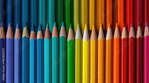 Fototapeta A rainbow of colored pencils arranged in a straight line, placed on a canvas for a bright, artistic effect