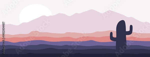 Fototapeta Desert cactus mountain landscape terrain scene. Cartoon flat design background vector illustration. Design for banner or social media template.