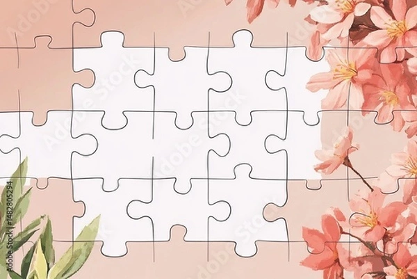 Obraz A blank white jigsaw puzzle spread on a clean surface, minimalistic top-down view, ideal for customization and mockups.

