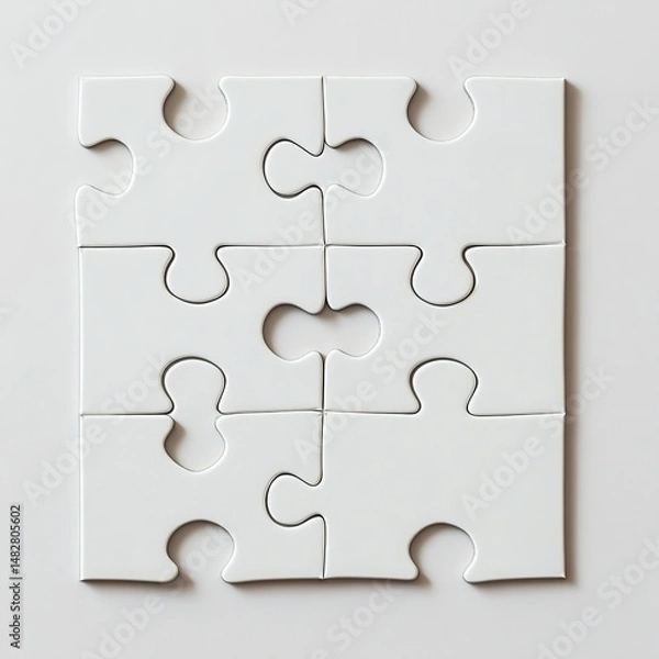 Obraz A blank white jigsaw puzzle spread on a clean surface, minimalistic top-down view, ideal for customization and mockups.

