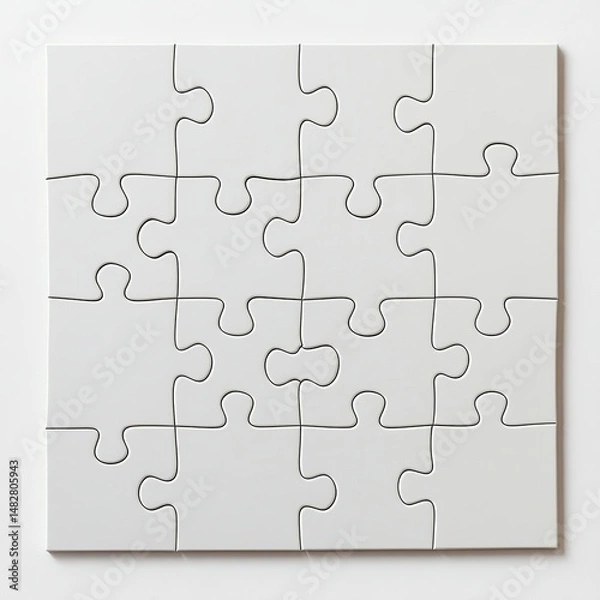 Fototapeta A blank white jigsaw puzzle spread on a clean surface, minimalistic top-down view, ideal for customization and mockups.

