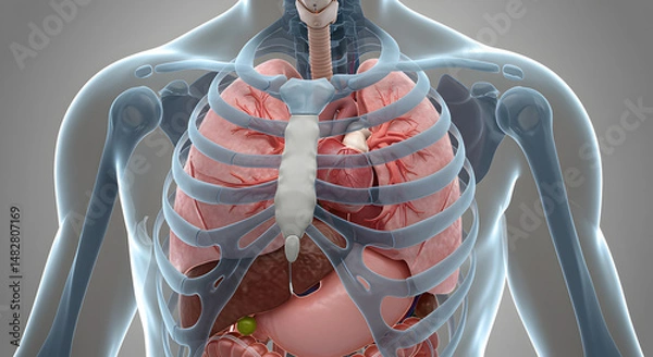Fototapeta Anatomical Illustration Of Human Torso Depicting Internal Organs Transparent Layering On Soft Gray Background