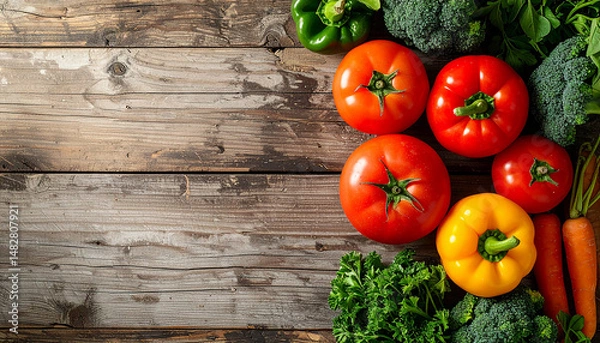 Obraz Perfectly arranged vegetable grid on natural wooden table flat lay photograph
