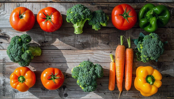Fototapeta Fresh vegetables arranged in perfect grid pattern on rustic wooden table top-down view
