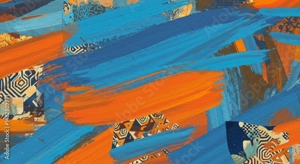 Fototapeta Vivid abstract painting featuring dynamic strokes of blue and orange over geometric patterns.