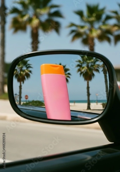 Fototapeta Sunscreen reflection in car mirror with palm trees in the background