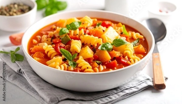 Obraz Delicious and hearty pasta soup, perfect for a cozy night in.  Vibrant colors and fresh basil add to its appeal. A comforting and flavorful meal.