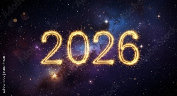 Obraz The year 2026 shimmers brightly formed of golden sparks against a cosmic nebula background
