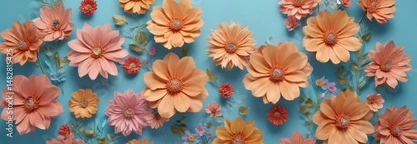 Fototapeta Vibrant paper flowers, light blue backdrop, central space  ,  greeting card,  paper craft