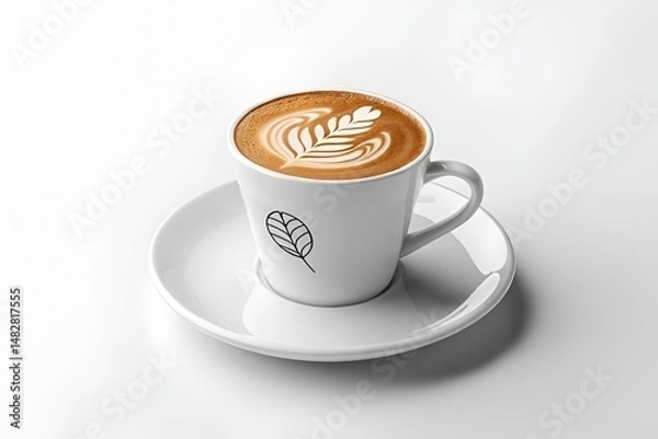 Obraz Minimalist Coffee Cup with Latte Art on White Background