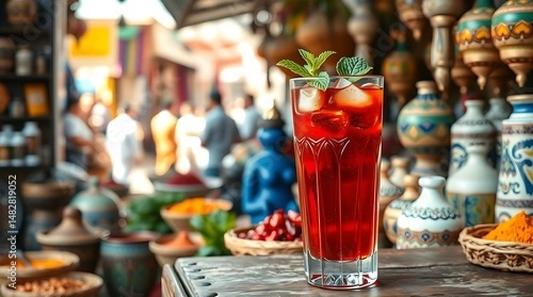 Fototapeta Middle Eastern tamarind drink in a tall glass at a bazaar counter