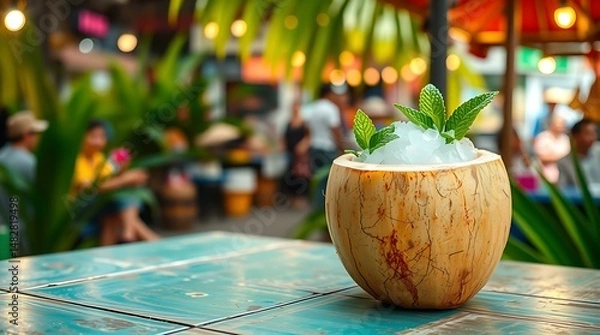 Fototapeta Fresh coconut water served in its shell on a tropical street table