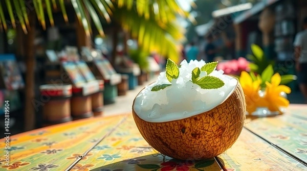 Fototapeta Fresh coconut water served in its shell on a tropical street table
