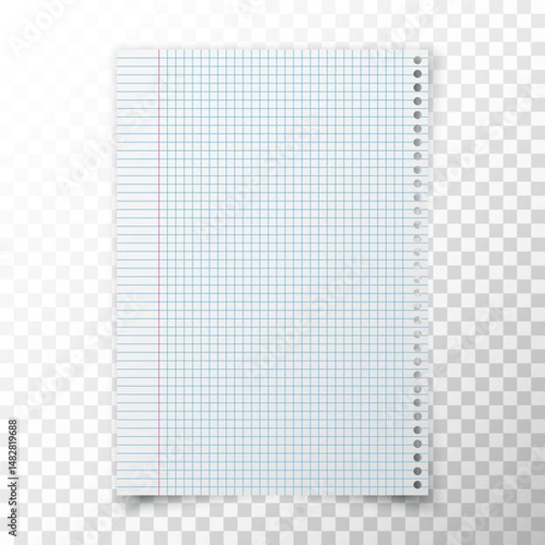 Fototapeta Realistic paper notebook sheet with grid lined and margin. White blank notepad page for homework, mathematics, formulas. Copybook lined notepaper sheet with shadow. Vector illustration