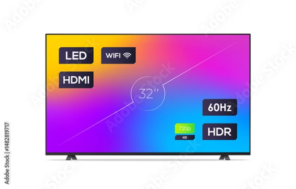 Fototapeta Smart TV with information on screen and colorful background. Diagonal screen size in 32 inches. Realistic LED TV wide display with thin frame. Template for advertising. Vector illustration