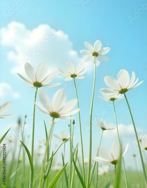 Fototapeta A worm’s-eye view of delicate white summer flowers reaching upward toward a softly clouded sky. 