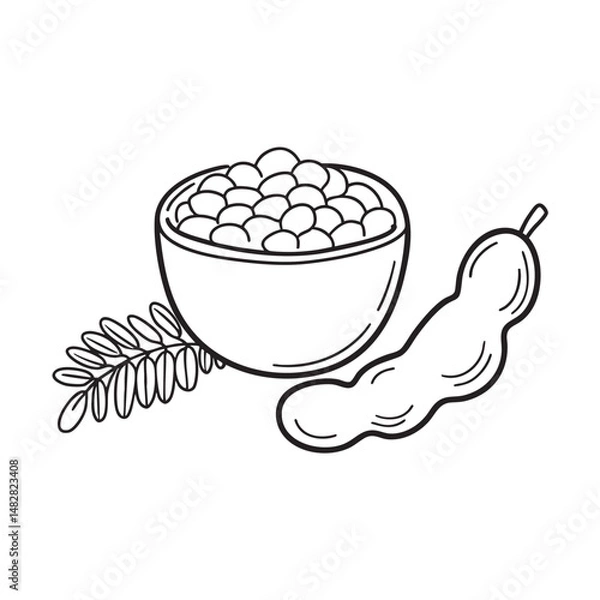 Fototapeta Tamarind small seeds inside bowl beside tamarind with leaf