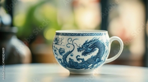 Fototapeta A single porcelain teacup with a delicate blue dragon pattern, placed on a plain white surface