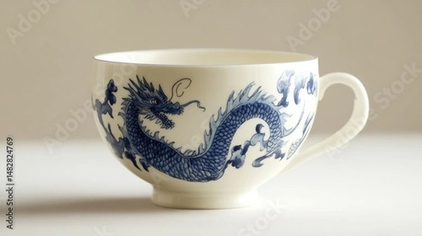 Fototapeta A single porcelain teacup with a delicate blue dragon pattern, placed on a plain white surface