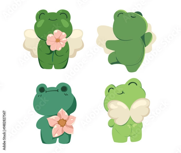 Obraz Set of vector stickers isolated on white background. Cute green frogs with flowers will bring fun and croaking to any of your projects.