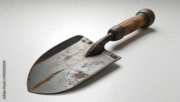 Fototapeta A worn gardening trowel with a rusty blade and wooden handle, ideal for gardening, landscaping, and outdoor projects.