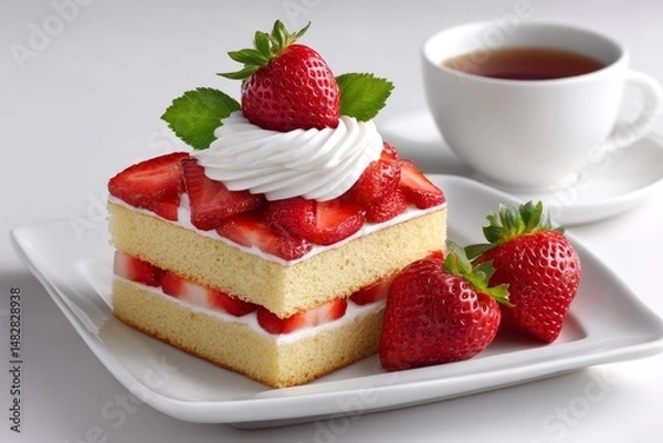 Fototapeta A slice of strawberry shortcake with whipped cream and fresh strawberries