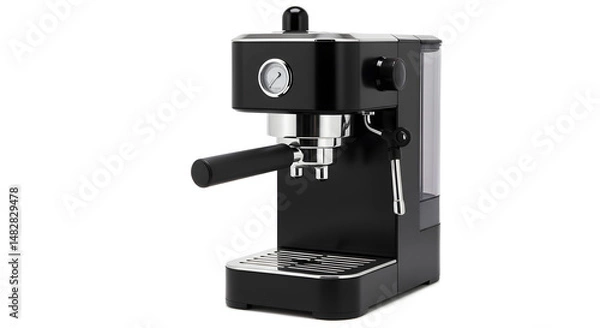 Fototapeta Black Espresso Machine Isolated on White Background Featuring Portafilter and Water Reservoir