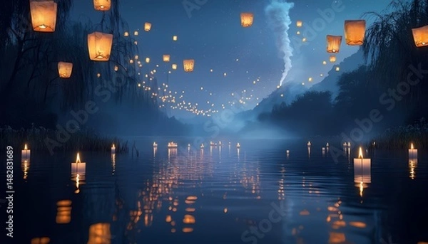 Obraz Floating paper lanterns and candles create a serene and magical atmosphere on a misty lake.