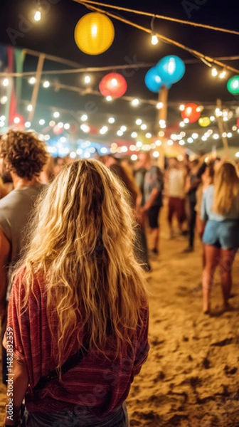 Fototapeta A young woman with long, wavy blonde hair stands facing a lively festival scene filled with colorful lanterns and glowing lights, while people enjoy the festive atmosphere