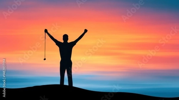 Fototapeta Silhouette of a golfer against a sunset, victorious pose, celebrating a successful shot
