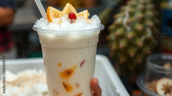 Fototapeta Indonesian es cendol served in a plastic cup over crushed ice