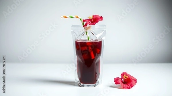 Fototapeta Nigerian zobo drink served in a clear bag with a straw